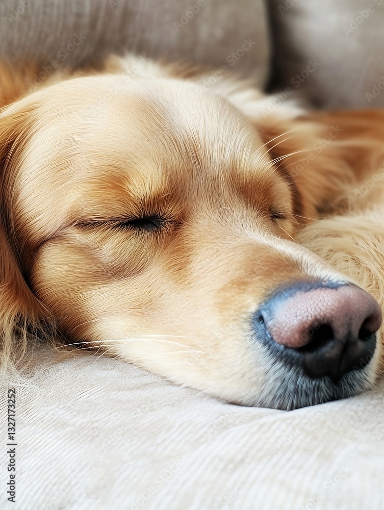 Poster adorable golden retriever dog sleeping comfortably on a soft couch exuding warmth and relaxation in 