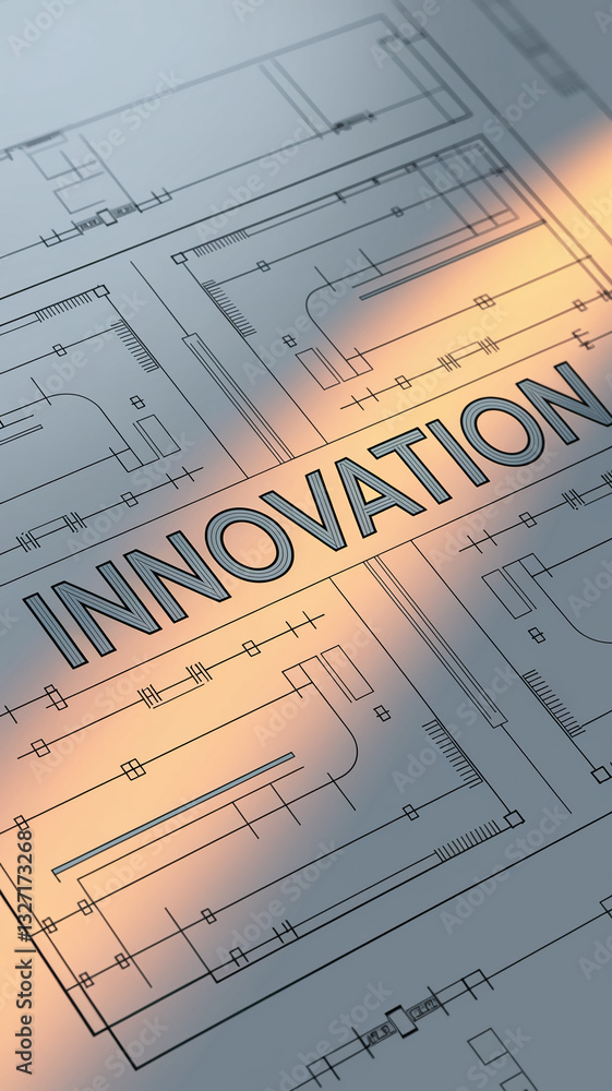 Poster close-up of architectural blueprint showcasing lines, shapes, and the word 