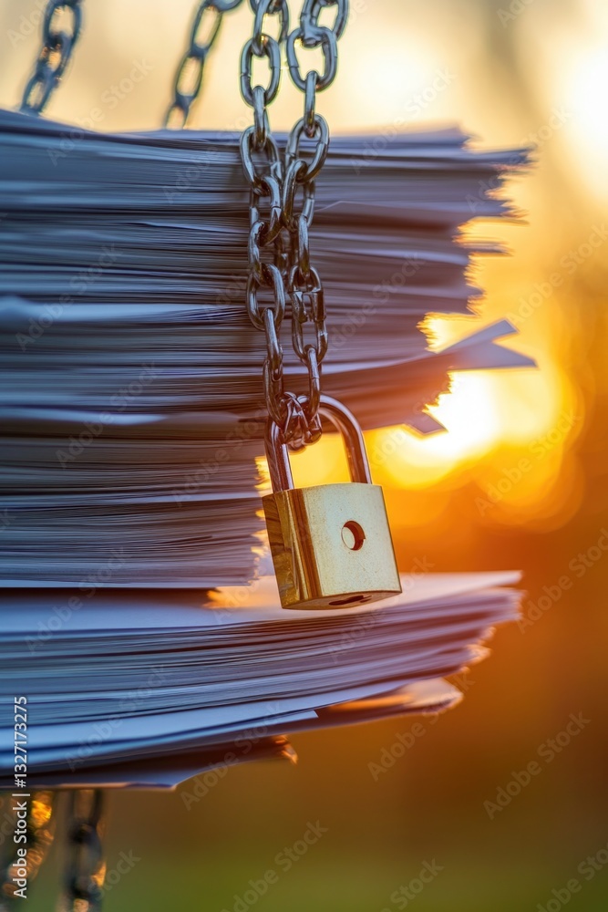 Poster a padlock secures a stack of papers