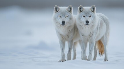 Obraz premium Two Arctic Wolves Standing in the Snowy Wilderness. Generative AI