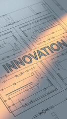 Close-up of architectural blueprint showcasing lines, shapes, and the word "INNOVATION", symbolizing progress, design, and new ideas in architecture and engineering