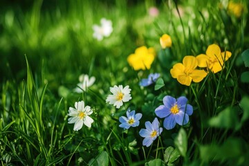 A bouquet of colorful flowers growing among lush green grass