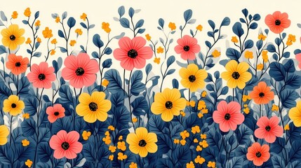 Decorative floral border design, vibrant flowers, leaves, and branches. Possible use in wallpaper or fabric design