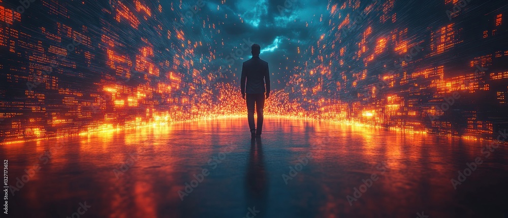 Poster digital journey: a man walks through a glowing data stream