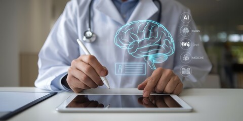 AI in Healthcare: Doctor using a tablet to access brain data via a futuristic interface.