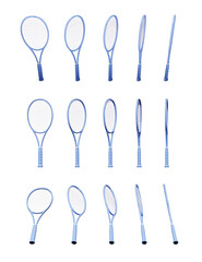 Blue tennis rackets from a different angle on transparent, 3D rendered illustration