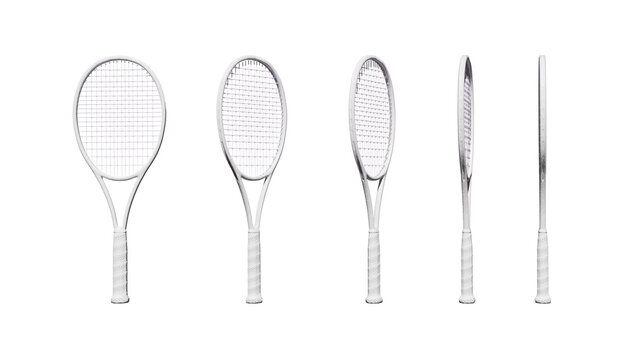 White tennis rackets from a different angle on transparent, 3D rendered illustration