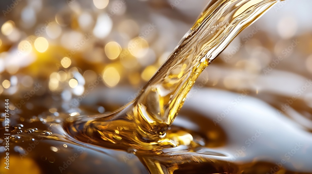 Aufkleber Closeup of rich golden oil flowing in a modern glass container creating an abstract texture : Generative AI