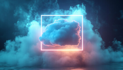 3d abstract background with ultraviolet neon lights, empty frame, cosmic landscape, glowing tunnel door with smoke