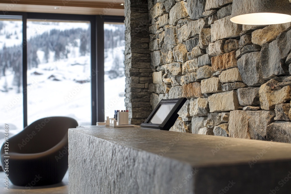 Poster a stone wall with a rustic table and chair in front, perfect for outdoor gatherings or rustic settin