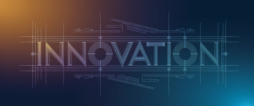 Abstract graphic design featuring the word "INNOVATION" in a technological blueprint style, showcasing a concept of progress, technology, and creative solutions
