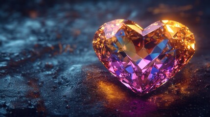 A heart-shaped diamond reflecting prismatic colors, isolated on a dark background