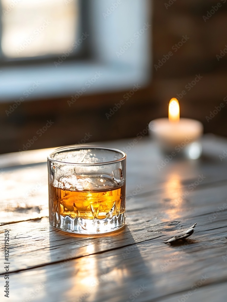 Poster warm whiskey glass with candlelight creating a cozy atmosphere on a wooden table : generative ai