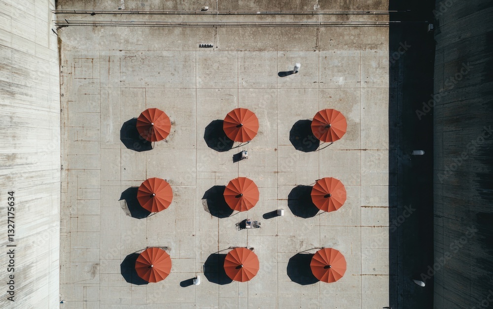 Poster high-angle view of nine red umbrellas arranged in a grid pattern on a light gray stone courtyard. pe