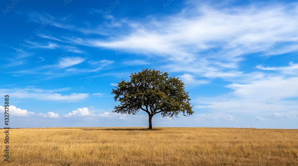 Poster majestic oak tree standing prominently on a golden field under a bright blue sky filled with fluffy 