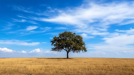 Majestic oak tree standing prominently on a golden field under a bright blue sky filled with fluffy clouds : Generative AI