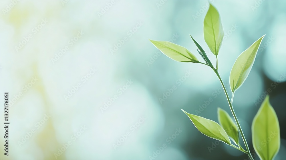 Poster Close up of fresh green leaves with a soft blurred background in a serene natural setting : Generative AI