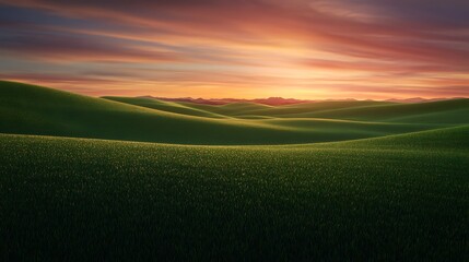 Obraz premium A vast lush green field stretching into the horizon, illuminated by the warm hues of an evening sunset, 