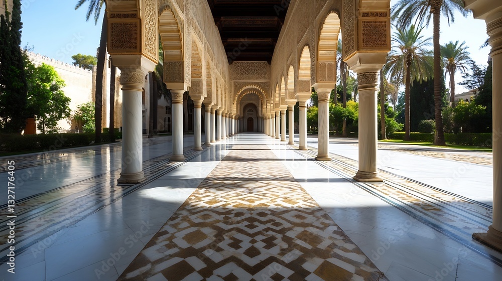 Poster magnificent corridor of a historic palace adorned with intricate architectural details and lush gree