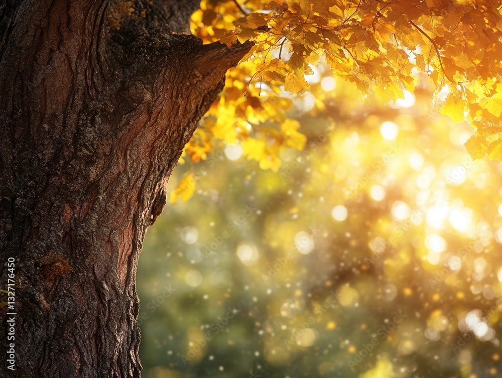 Poster enchanting autumn sunlight filtering through golden leaves of a majestic tree creating a warm and in