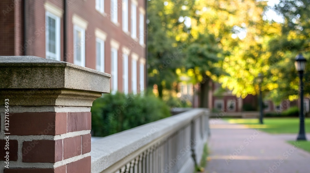 Poster charming view of a historic brick wall along a serene pathway surrounded by vibrant green trees in s
