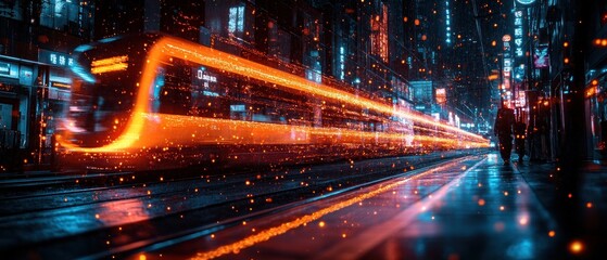 Obraz premium Futuristic Cityscape: Night Train's Glowing Trail