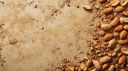 Artistic flat lay composition featuring nuts and dust on a textured surface
