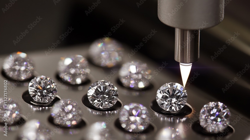 Poster a high-resolution image of a diamond laser engraving process, adding certification details