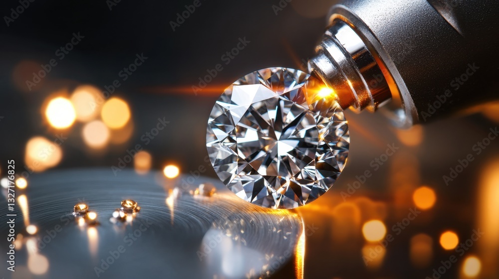 Poster a high-resolution image of a diamond laser engraving process, adding certification details