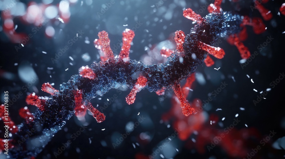 Poster a d-rendered concept of crispr gene-editing technology with molecular structures in focus.