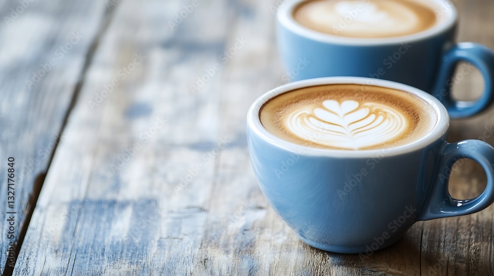 Poster delicious cups of latte art coffee served on rustic wooden table creating a cozy atmosphere : genera