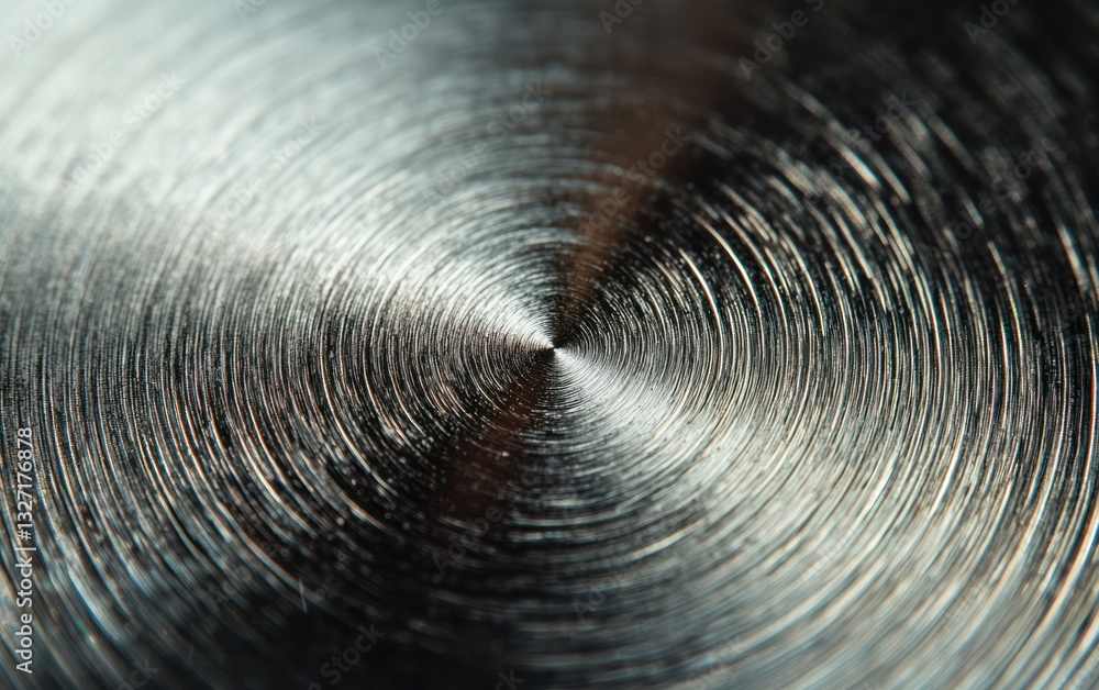 Poster close-up view of a circular brushed metal surface. the concentric circles create a textured pattern 