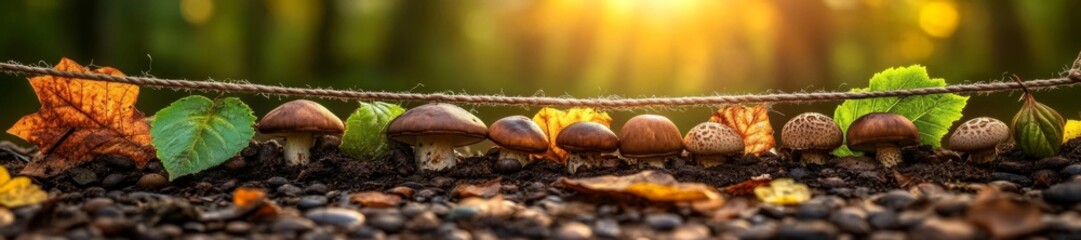 Mushrooms and autumn leaves drying on a clothesline in a forest setting. Generative AI