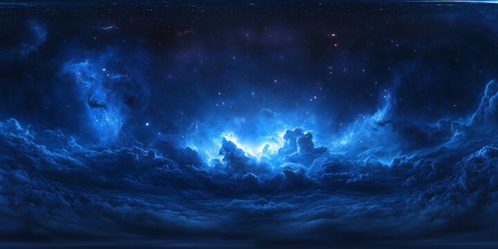 HDRI spherical panorama with nebula and stars in 360 degrees, equirectangular projection. Blue and purple background.