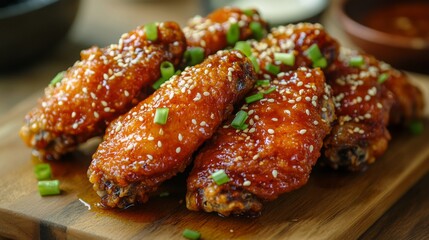 An artistic image of fried chicken wings glistening with a honey glaze, garnished with sesame seeds and green onions, emphasizing the dish's sweetness.