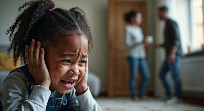 Sad, stressed little girl covering her ears while parents argue and shout at each other at home. Family problems and domestic violence, traumatic childhood leading to mental health issues