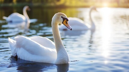Obraz premium Elegant white swan swimming gracefully in a tranquil lake during golden hour reflecting warmth : Generative AI