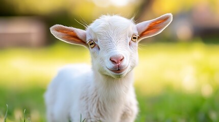 Obraz premium Cute Young Goat Smiling Joyfully While Grazing in a Lush Green Meadow : Generative AI