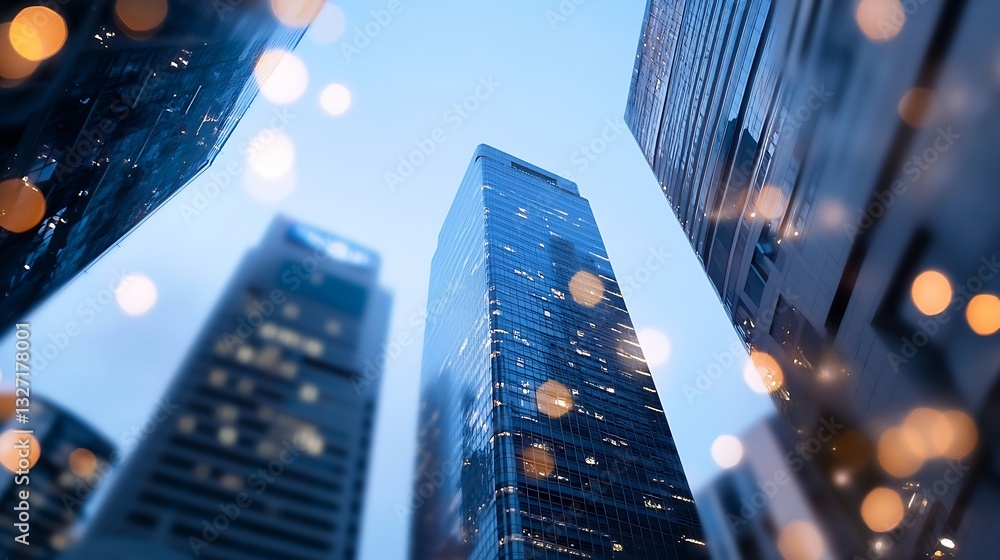 Poster impressive view of skyscrapers towering into the sky during nighttime : generative ai