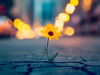 A yellow flower growing in the middle of an asphalt street, surrounded by cracked pavement and blurred city lights in background.