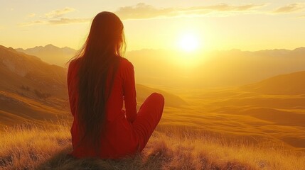 Serene Sunset: A Woman Contemplates the Golden Hour in Majestic Mountain Landscape