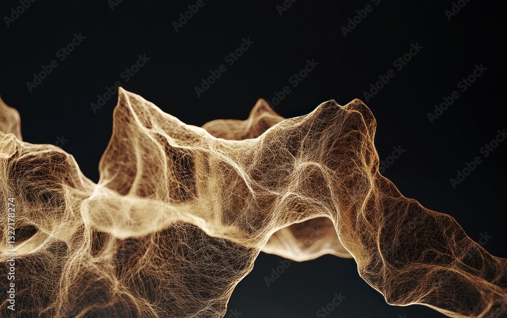 Poster abstract image of a flowing, golden, particle-like substance against a dark background. the particle