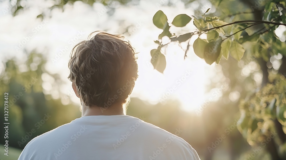 Poster back view of man gazing at nature and sunlight through green foliage : generative ai
