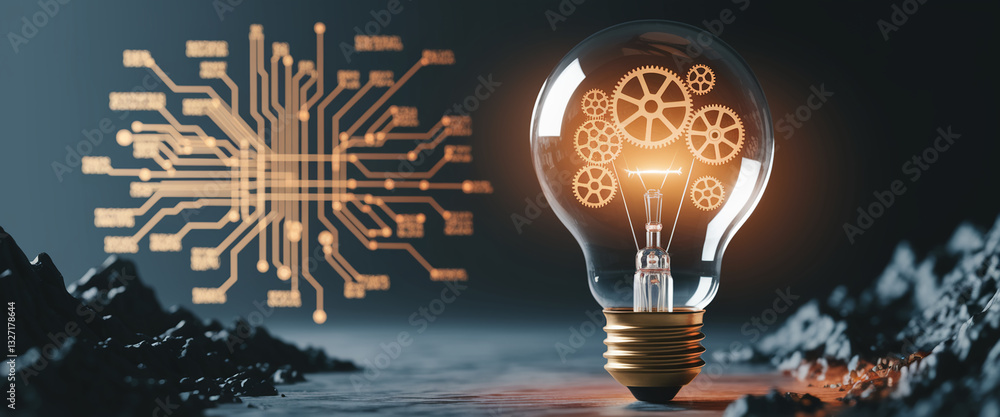 Poster illuminated lightbulb showcasing gears, symbolizing innovation, mechanism, and problem-solving, set 