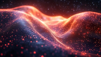 A mesmerizing flow of glowing particles creating a cosmic landscape of radiant waves and stars. Generative AI