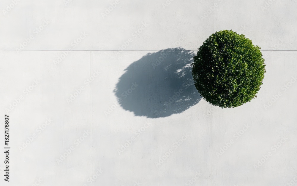 Poster high angle view of a small, round, green shrub cast a shadow on a light gray concrete surface. the i
