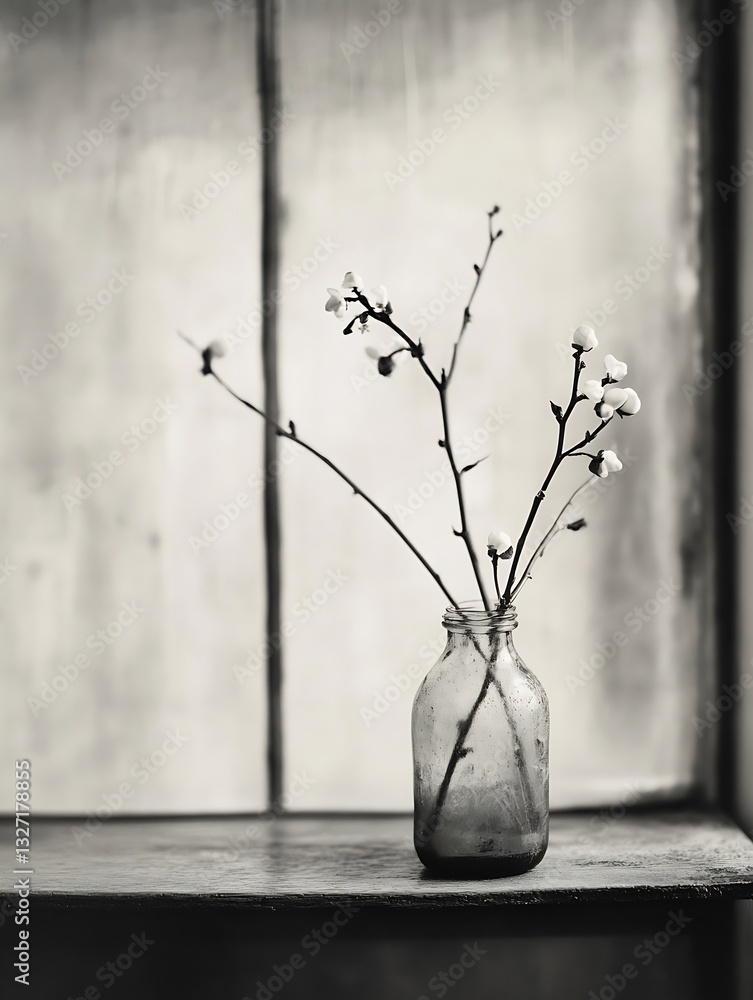 Aufkleber artistic composition of delicate branches in a vintage glass bottle against a textured background : 