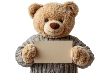 Cuddly teddy bear holding a blank sign in cozy sweater