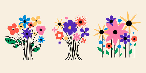 Obraz premium Abstract retro floral composition set with vibrant bouquets with colorful flowers and leaves, perfect for prints, greeting cards, posters, packaging, textiles, and digital designs.Vector illustration