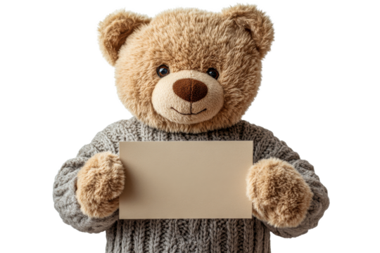 Cuddly teddy bear holding a blank sign in cozy sweater